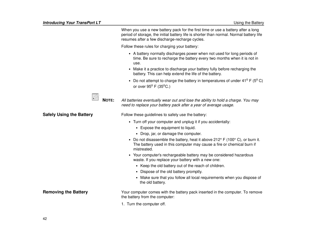 Micron Technology Transport LT warranty Safely Using the Battery, Removing the Battery 