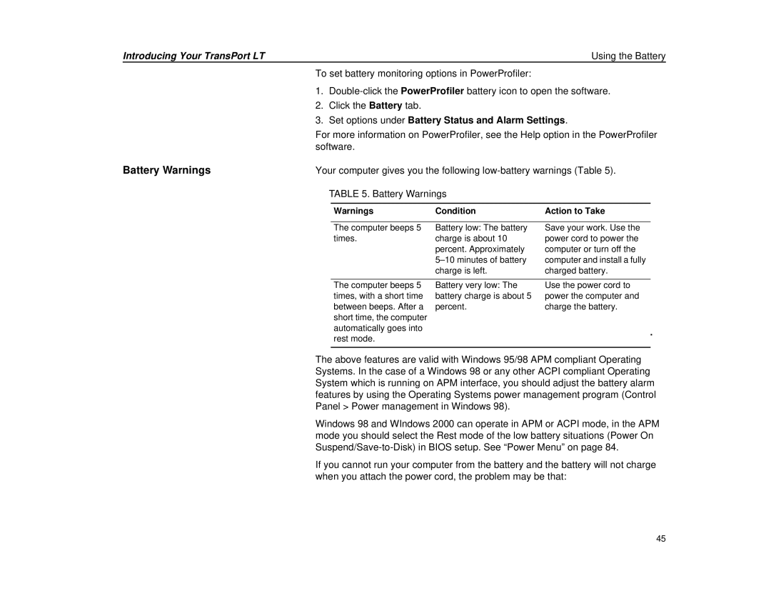 Micron Technology Transport LT warranty Battery Warnings, Set options under Battery Status and Alarm Settings, Doesn’t dee 