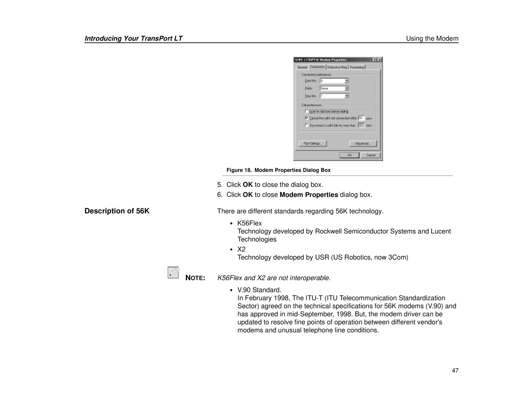 Micron Technology Transport LT warranty Description of 56K, Modem Properties Dialog Box 