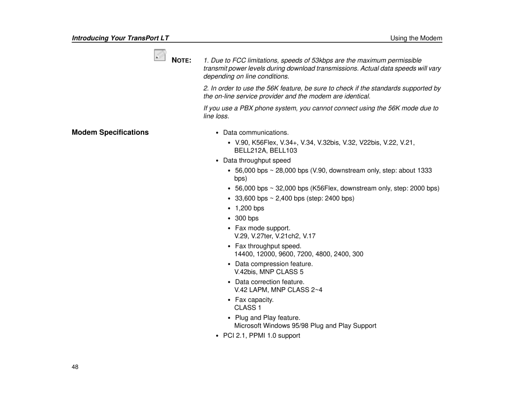 Micron Technology Transport LT warranty Modem Specifications, Data communications 