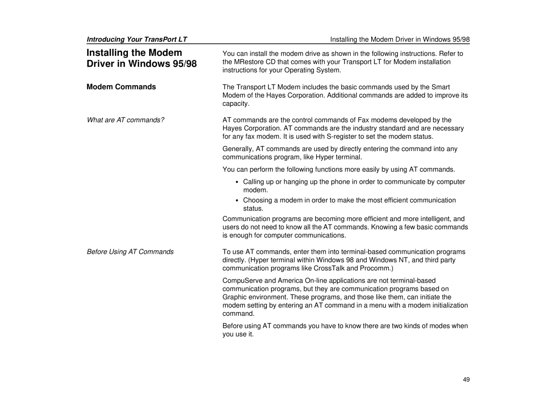 Micron Technology Transport LT warranty Installing the Modem Driver in Windows 95/98, Modem Commands 