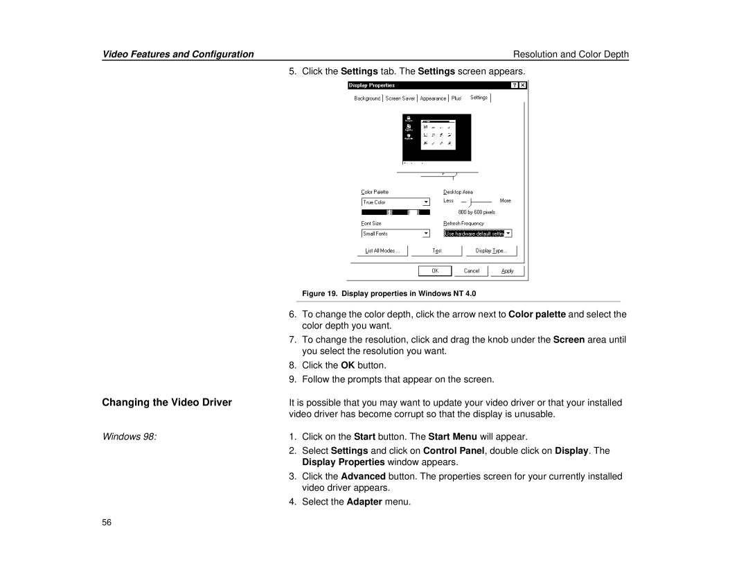 Micron Technology Transport LT warranty Changing the Video Driver, Display Properties window appears 