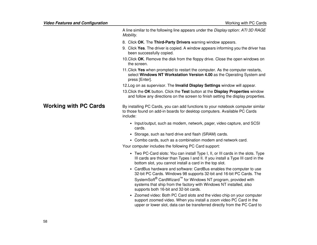 Micron Technology Transport LT warranty Video Features and Configuration Working with PC Cards 