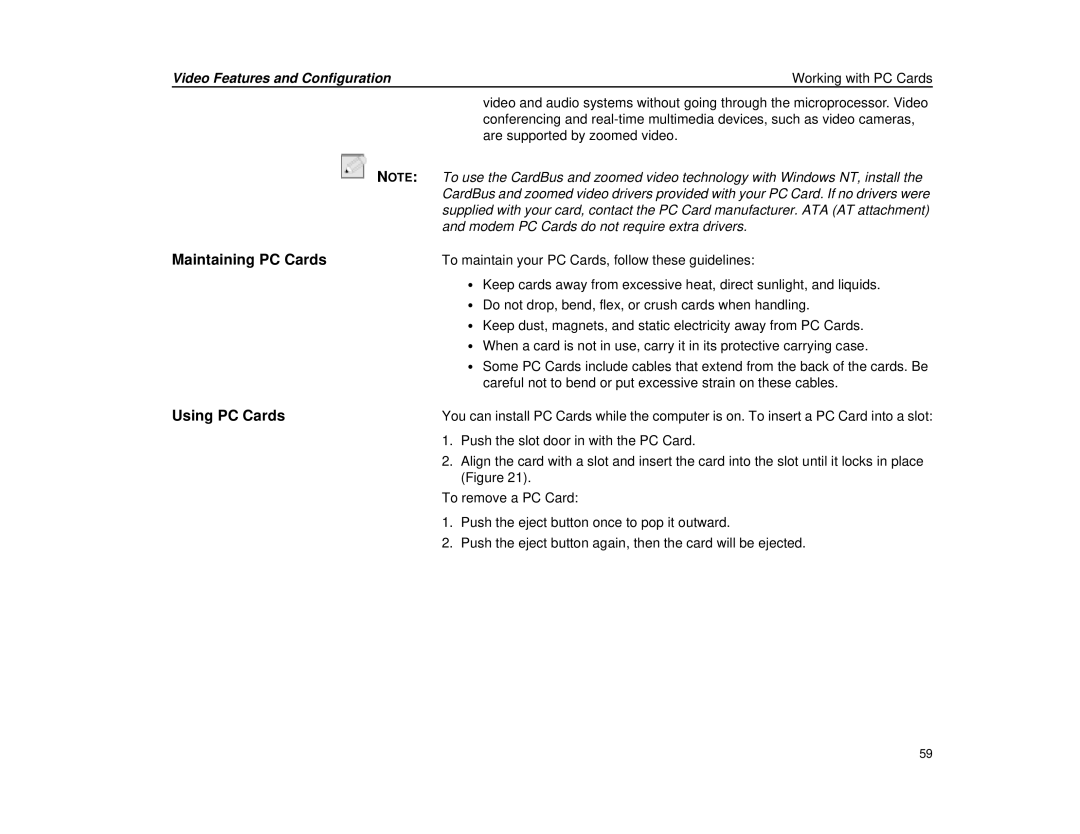 Micron Technology Transport LT warranty Maintaining PC Cards, Using PC Cards 