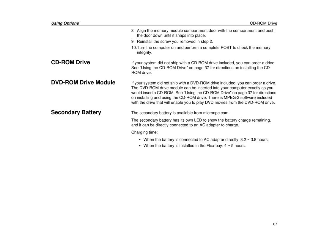 Micron Technology Transport LT warranty CD-ROM Drive DVD-ROM Drive Module Secondary Battery, Using Options 