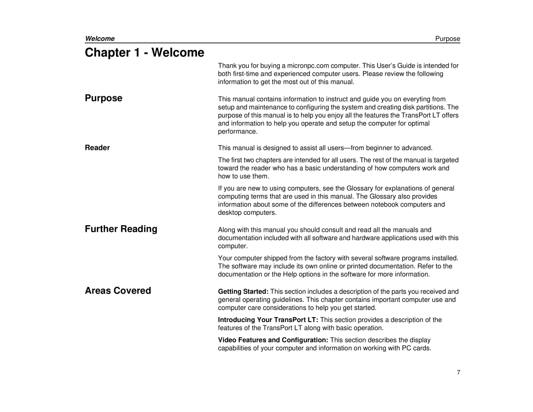 Micron Technology Transport LT warranty Welcome, Purpose, Further Reading, Areas Covered, Reader 
