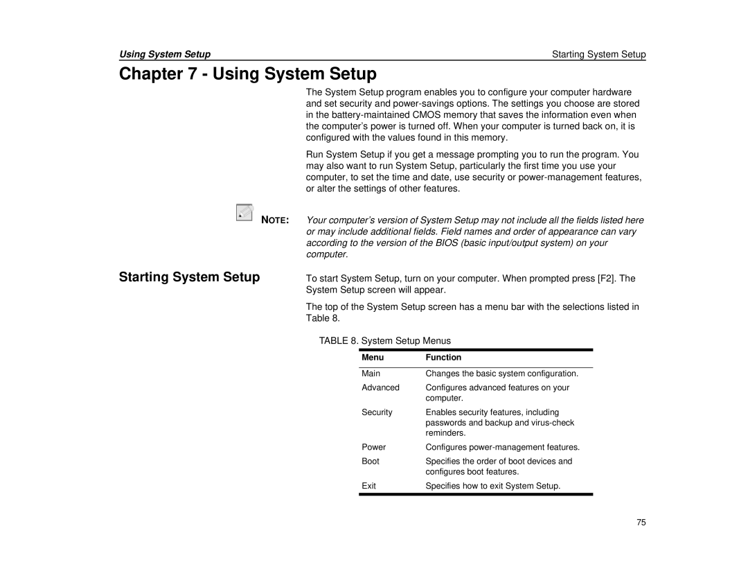 Micron Technology Transport LT warranty Using System Setup Starting System Setup, Menu Function 