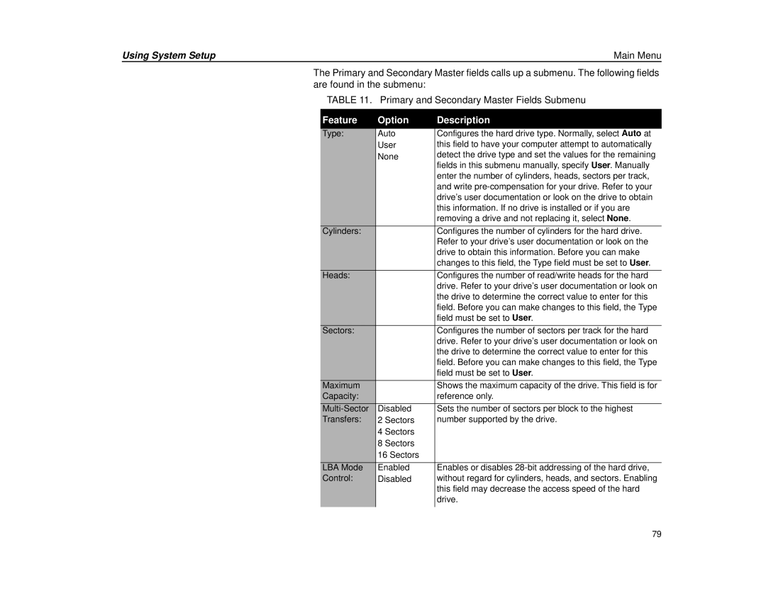 Micron Technology Transport LT warranty Using System SetupMain Menu, Feature Option Description 