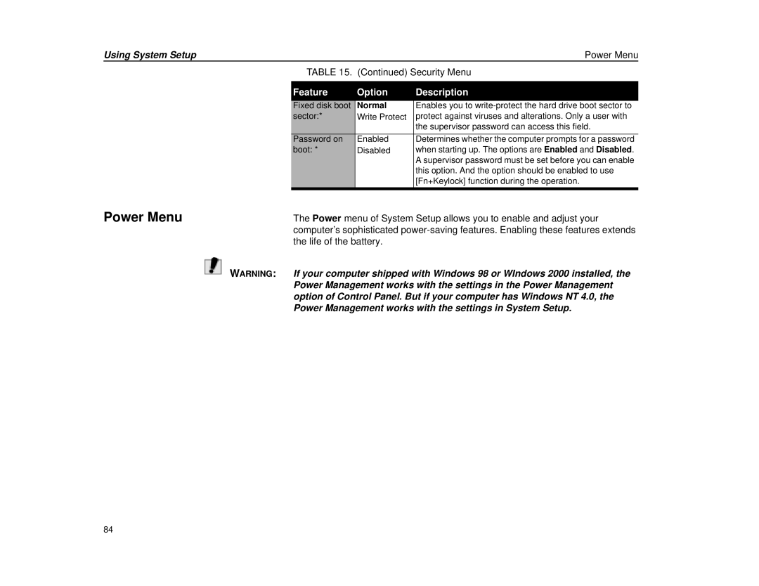 Micron Technology Transport LT warranty Using System Setup Power Menu, Normal 