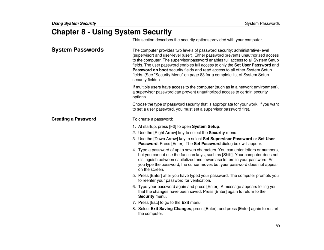 Micron Technology Transport LT warranty Using System Security, System Passwords, Creating a Password, Security menu 