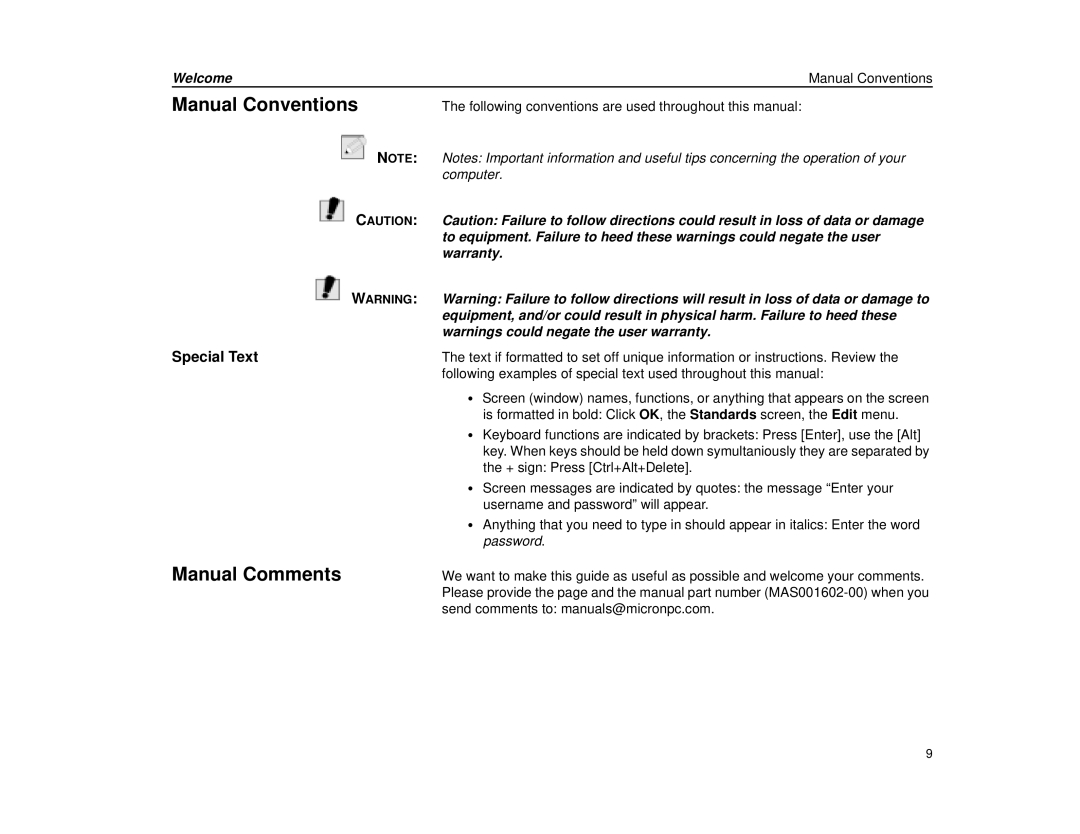 Micron Technology Transport LT warranty Manual Conventions, Manual Comments, Special Text, Welcome, Warranty 