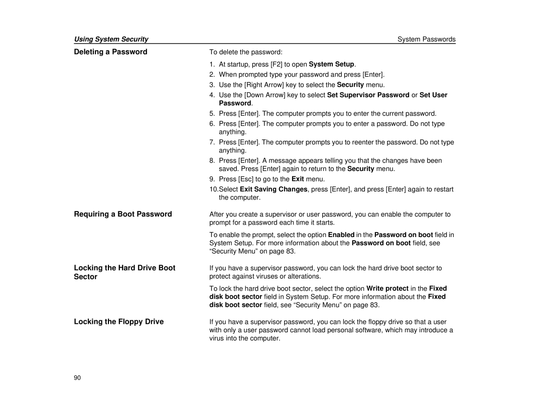 Micron Technology Transport LT warranty Deleting a Password, Locking the Floppy Drive, Using System Security 