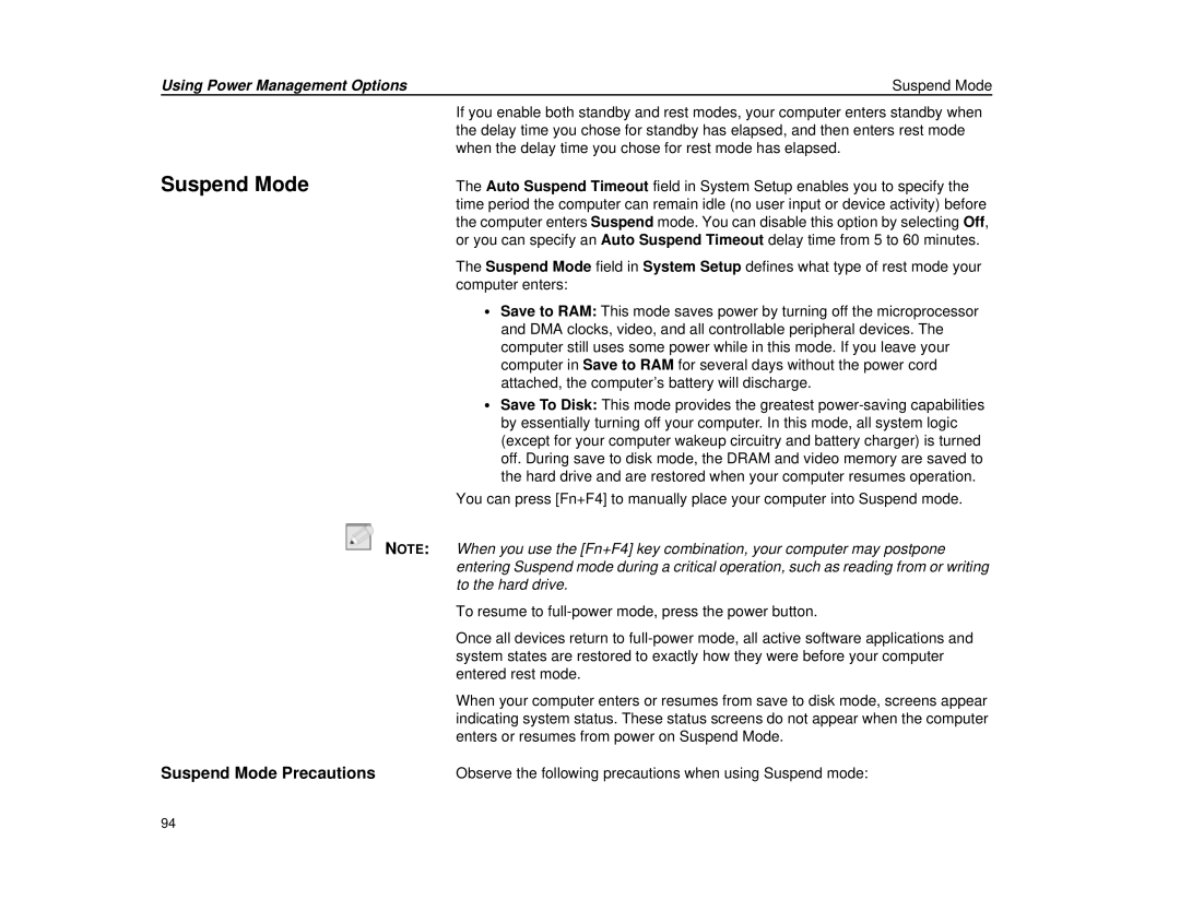 Micron Technology Transport LT warranty Suspend Mode Precautions, Using Power Management Options Suspend Mode 