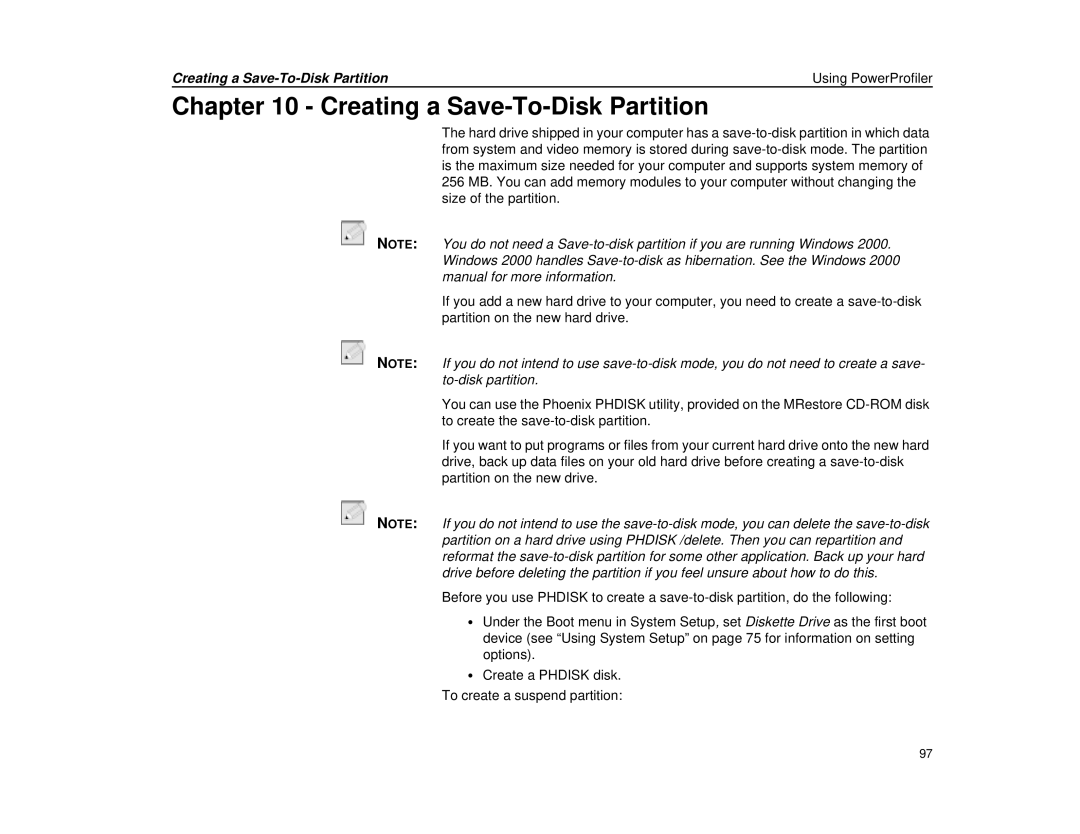 Micron Technology Transport LT warranty Creating a Save-To-Disk Partition Using PowerProfiler 