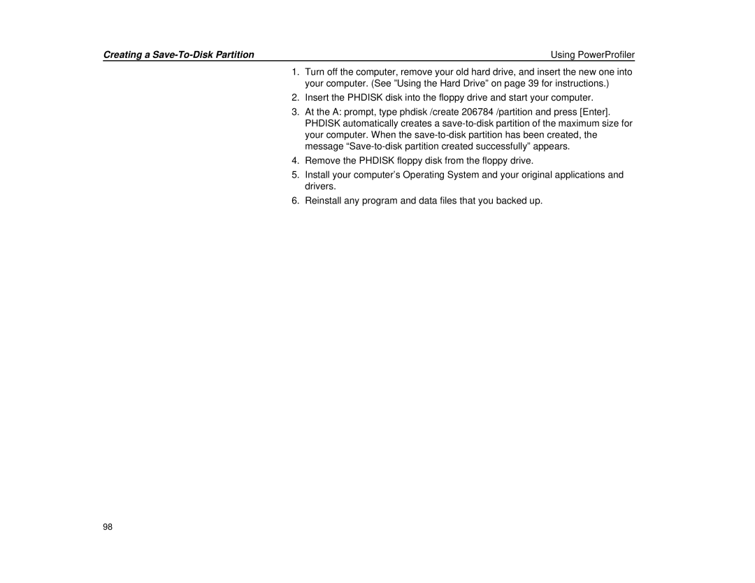 Micron Technology Transport LT warranty Creating a Save-To-Disk Partition Using PowerProfiler 