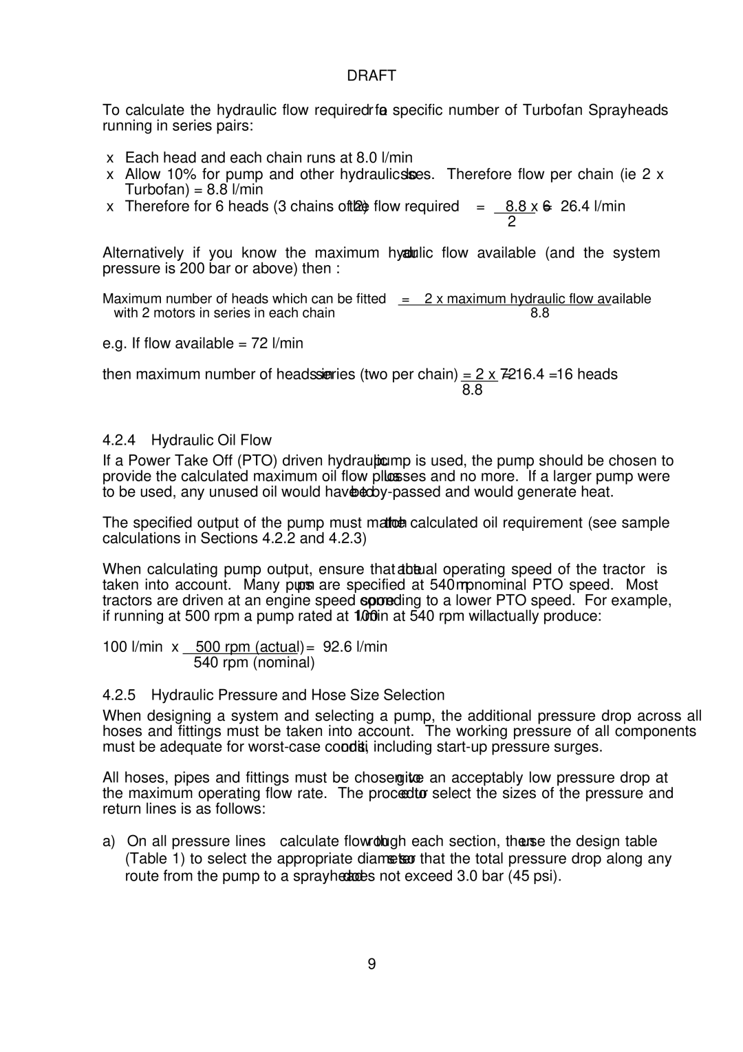 Micron Technology Turbofan instruction manual Hydraulic Oil Flow, Hydraulic Pressure and Hose Size Selection 