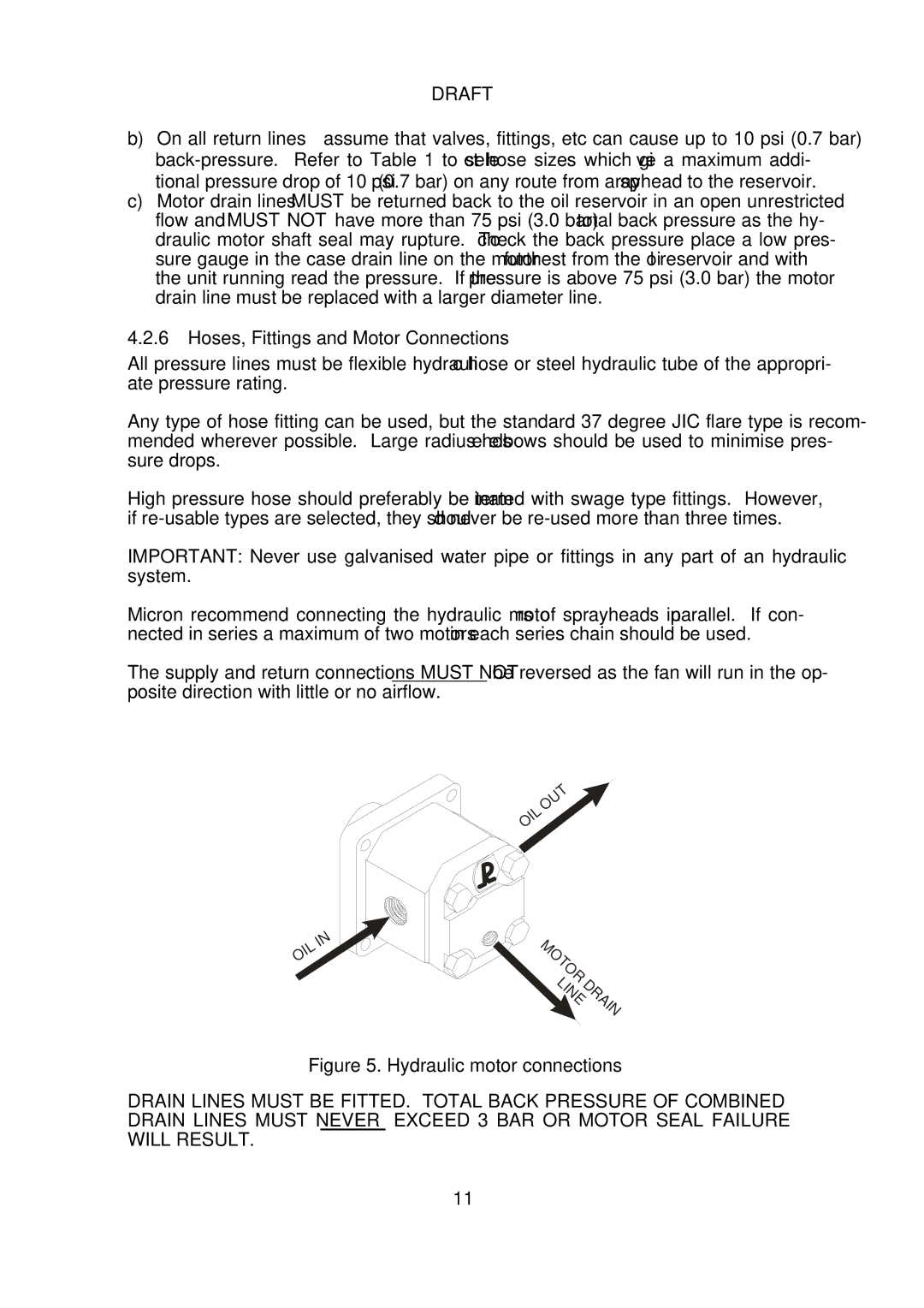 Micron Technology Turbofan instruction manual Hoses, Fittings and Motor Connections, Hydraulic motor connections 