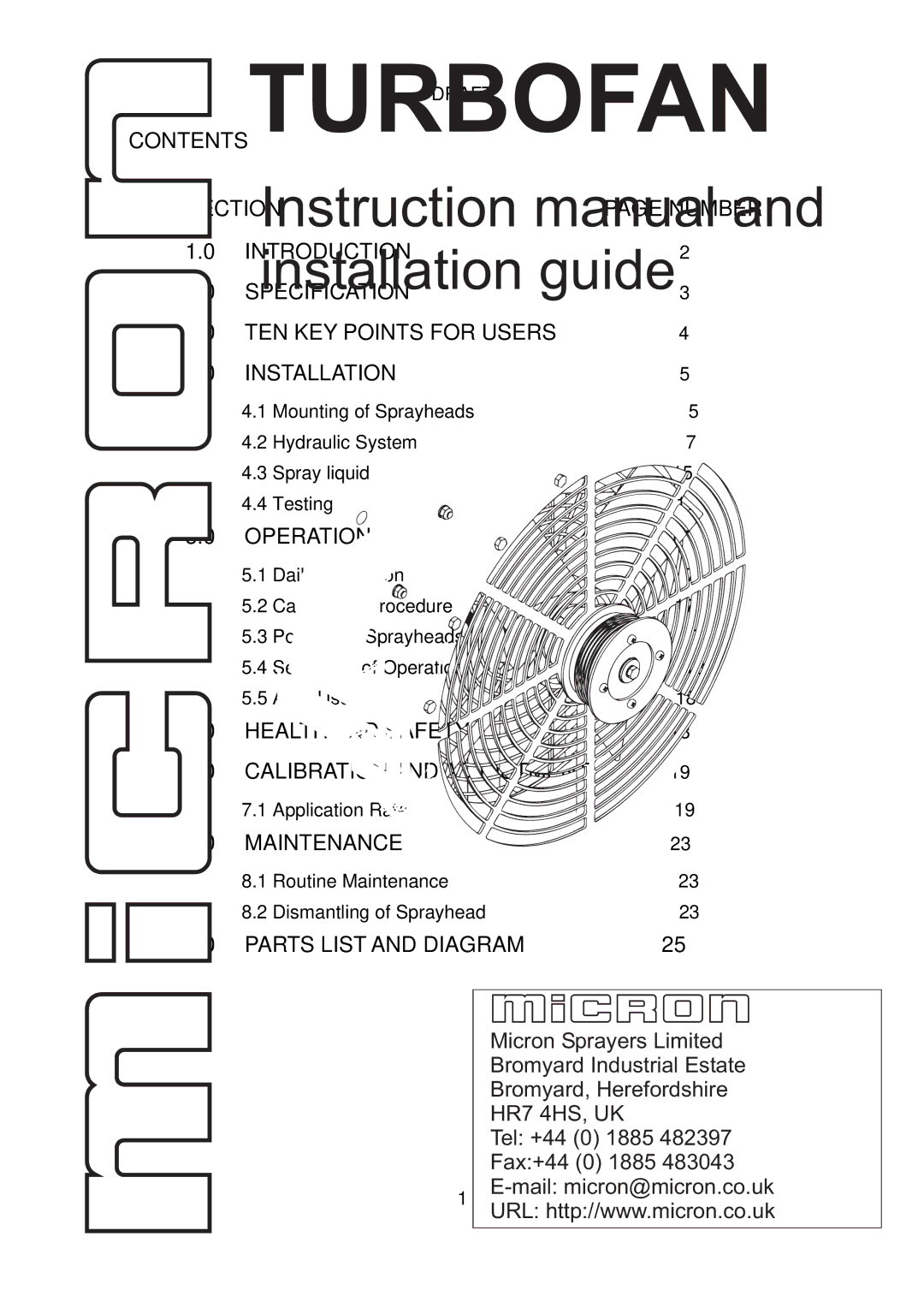 Micron Technology Turbofan Contents Section, Operation, Health and Safety, Maintenance, Parts List and Diagram 