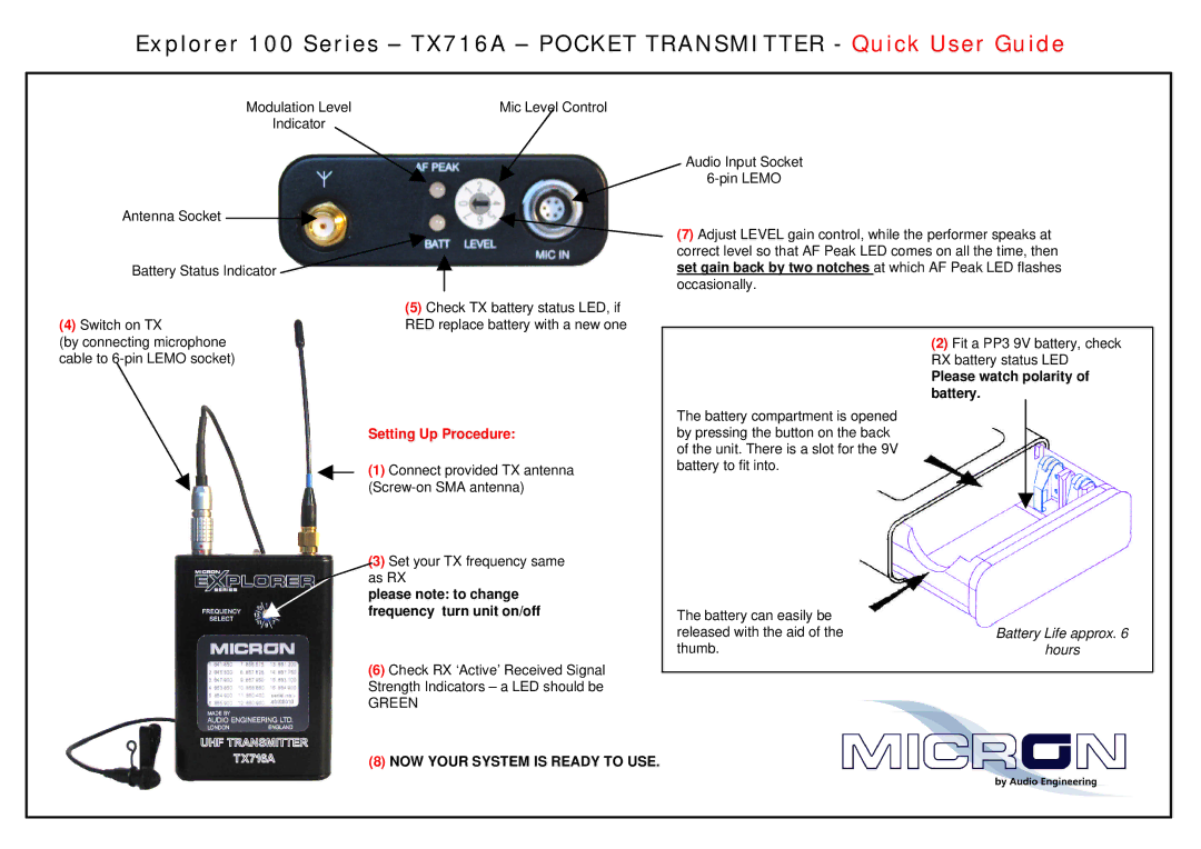 Micron Technology TX716A manual Setting Up Procedure, Please note to change frequency turn unit on/off 