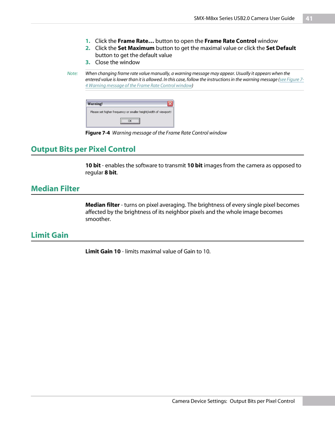 Micron Technology USB Camera manual Output Bits per Pixel Control, Median Filter, Limit Gain 