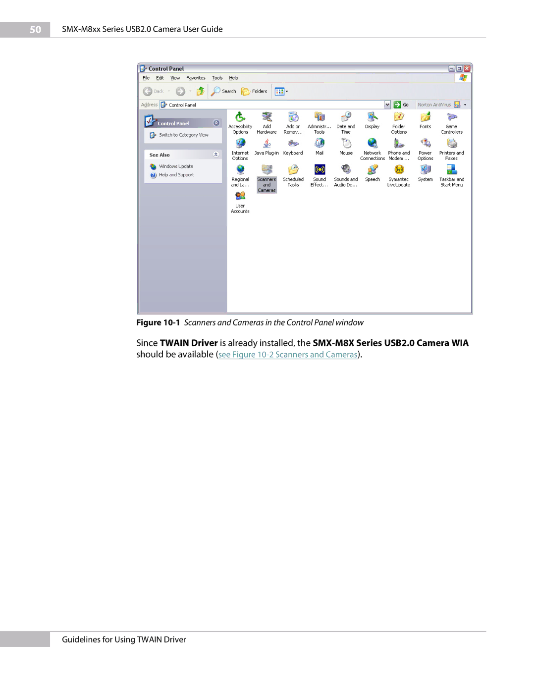 Micron Technology USB Camera manual 1Scanners and Cameras in the Control Panel window 