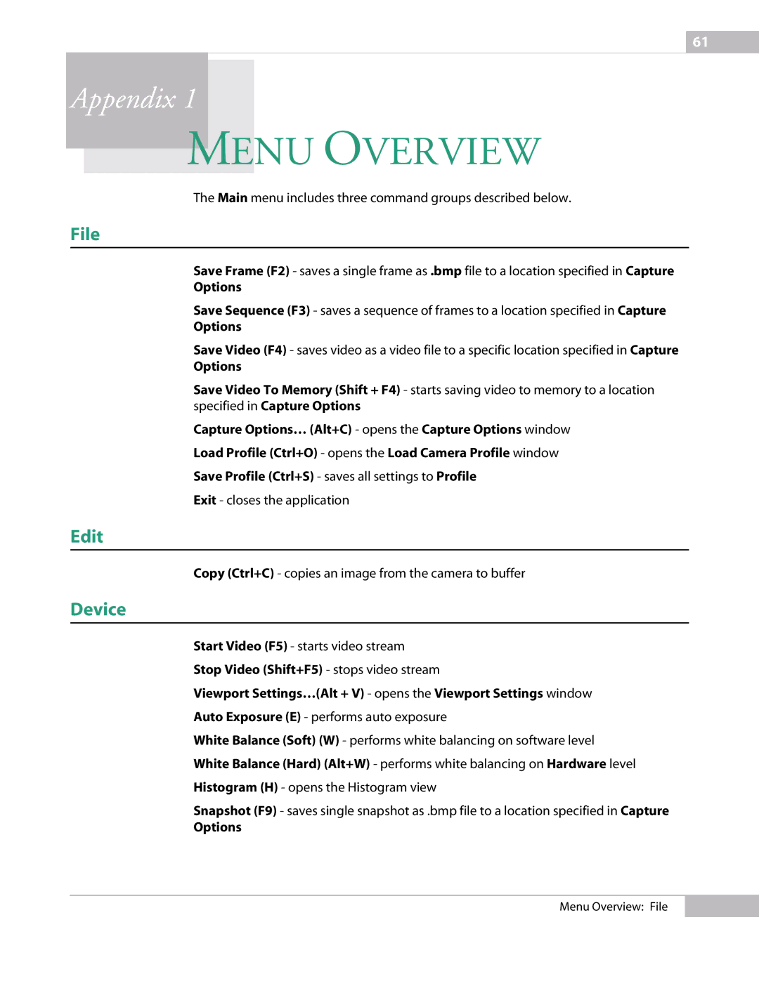 Micron Technology USB Camera manual Menu Overview, File, Edit, Device, Options 