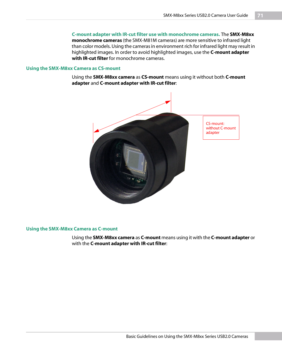 Micron Technology USB Camera manual Using the SMX-M8xx Camera as CS-mount, Using the SMX-M8xx Camera as C-mount 