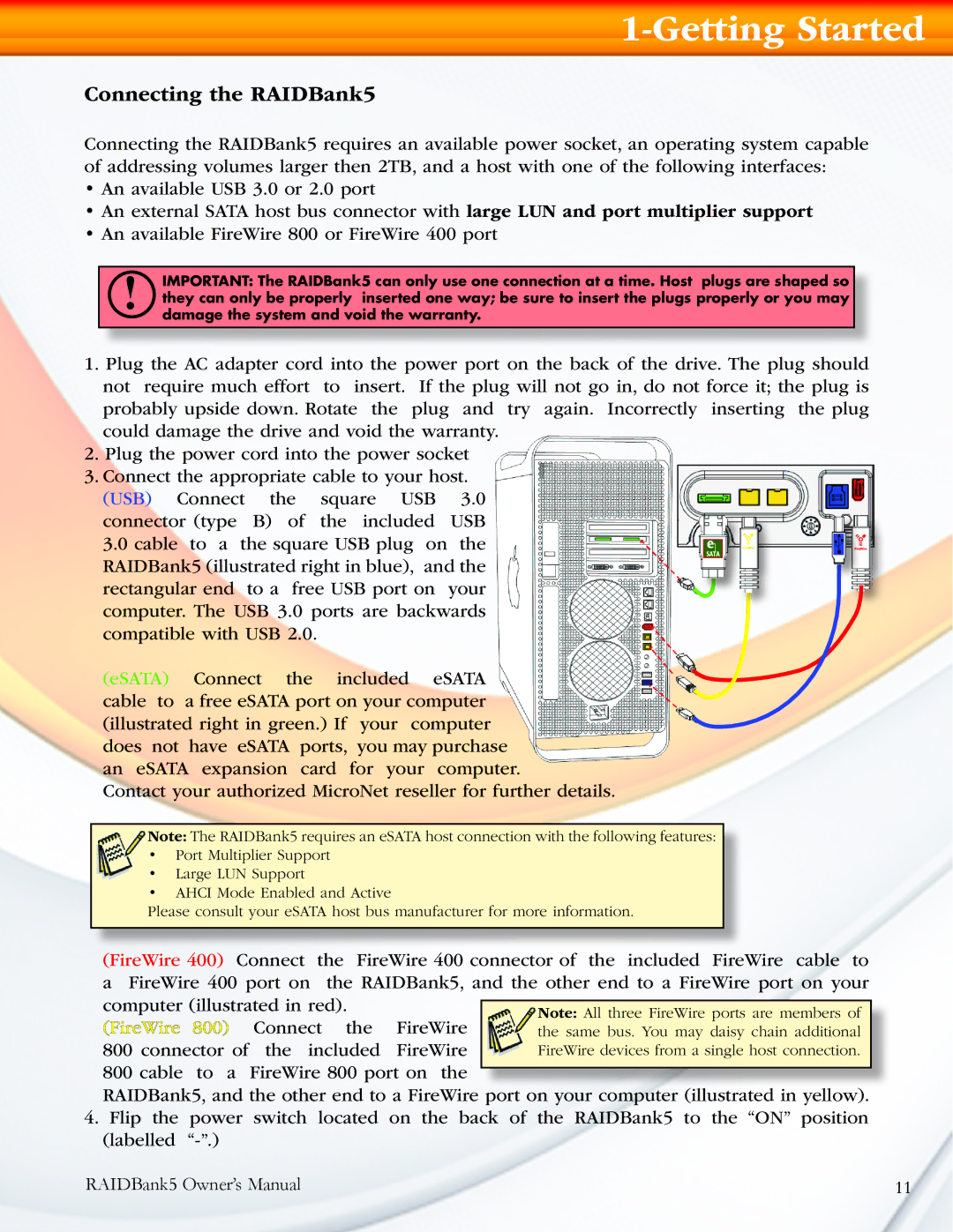 MicroNet Technology manual Connecting the RAIDBank5, FireWire 400 Connect 