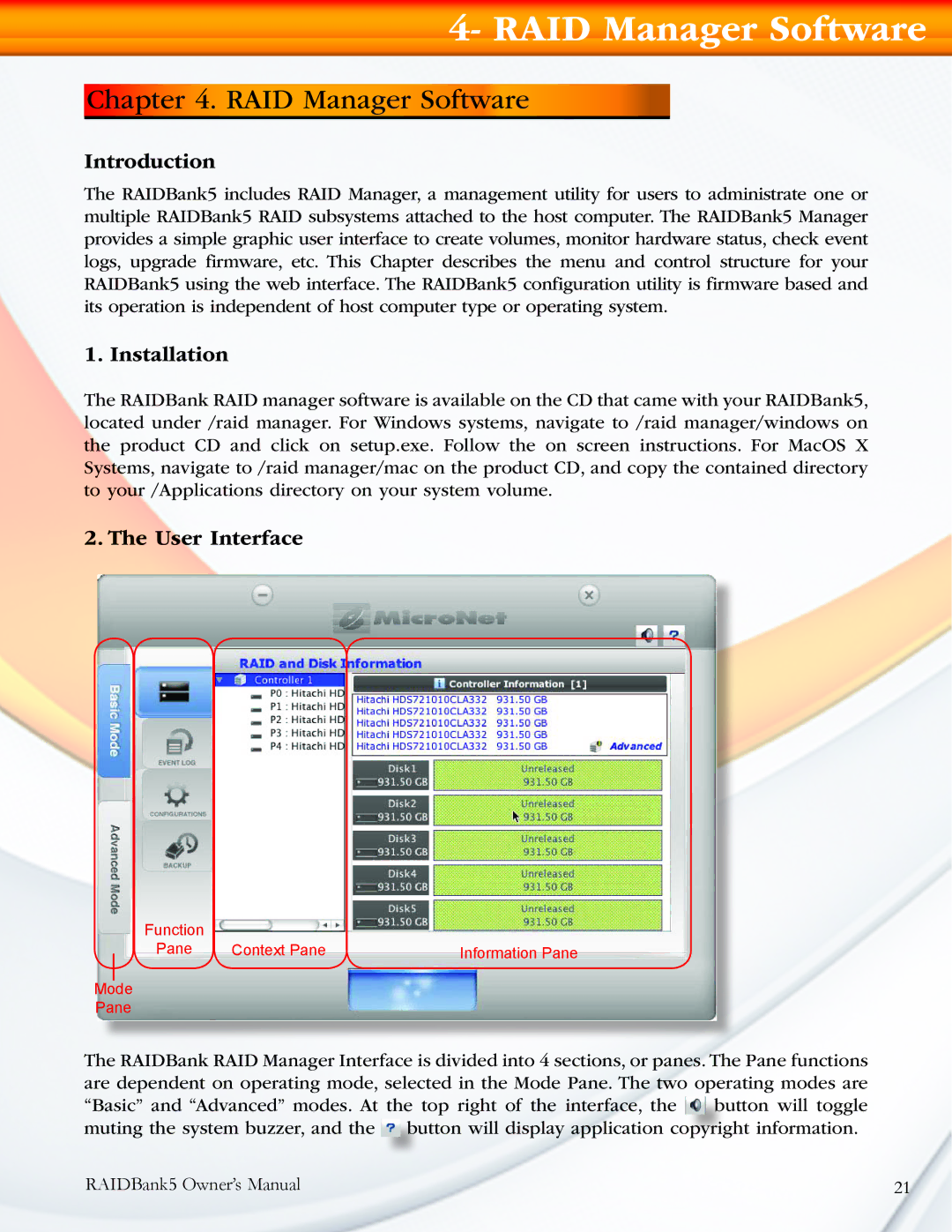 MicroNet Technology 5 manual RAID Manager Software, Introduction, Installation, User Interface 