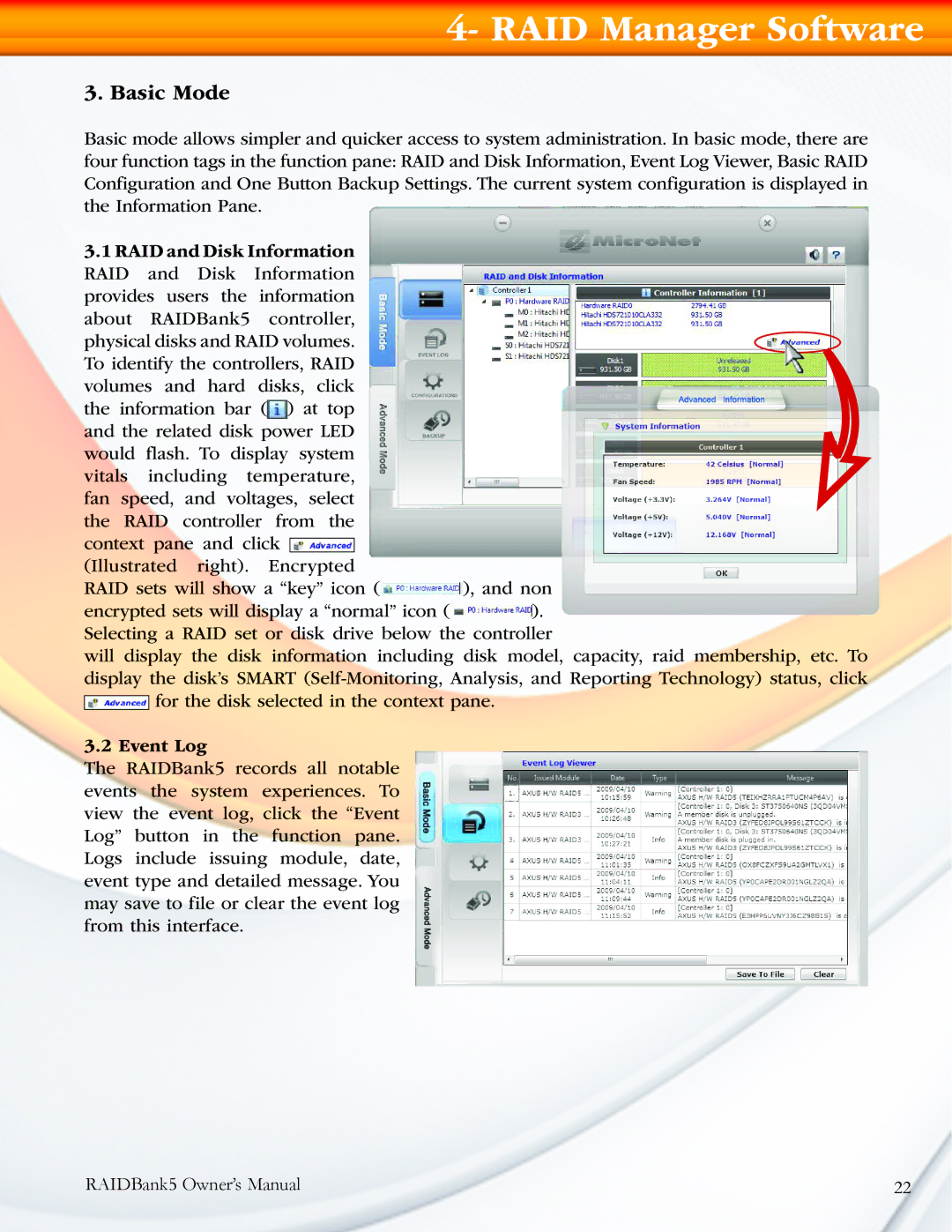 MicroNet Technology 5 manual Basic Mode, Event Log 