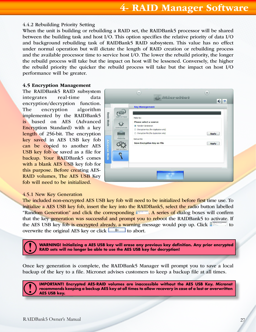 MicroNet Technology manual Encryption Management The RAIDBank5 RAID subsystem 