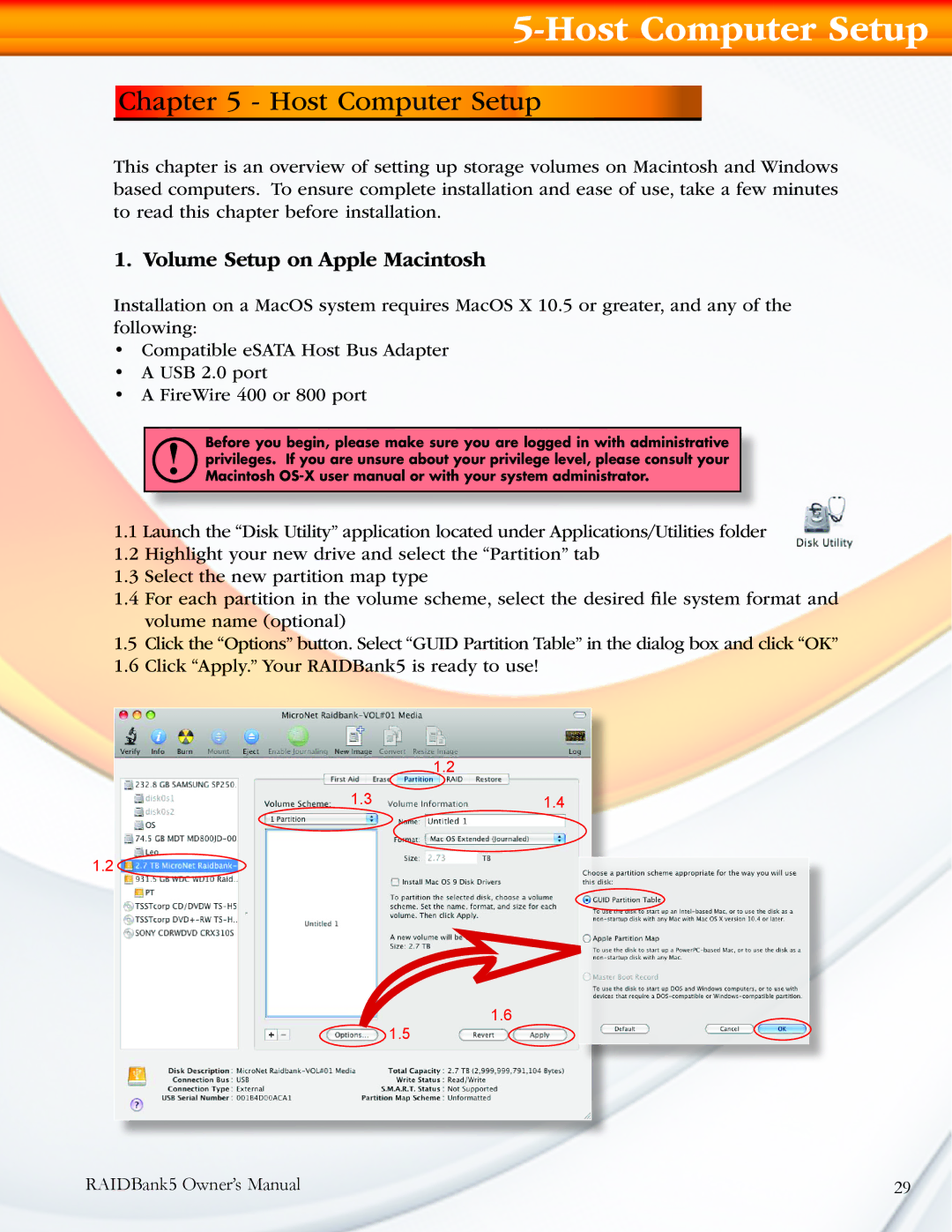 MicroNet Technology 5 manual Host Computer Setup, Volume Setup on Apple Macintosh 