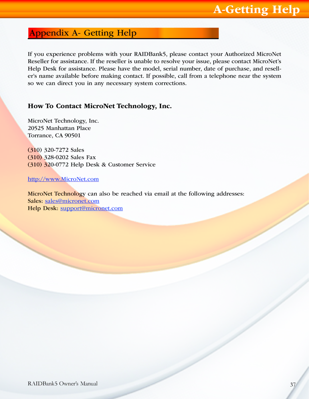 MicroNet Technology 5 manual Appendix A- Getting Help, How To Contact MicroNet Technology, Inc 