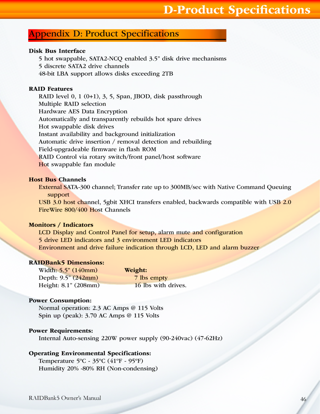 MicroNet Technology 5 manual Appendix D Product Specifications 