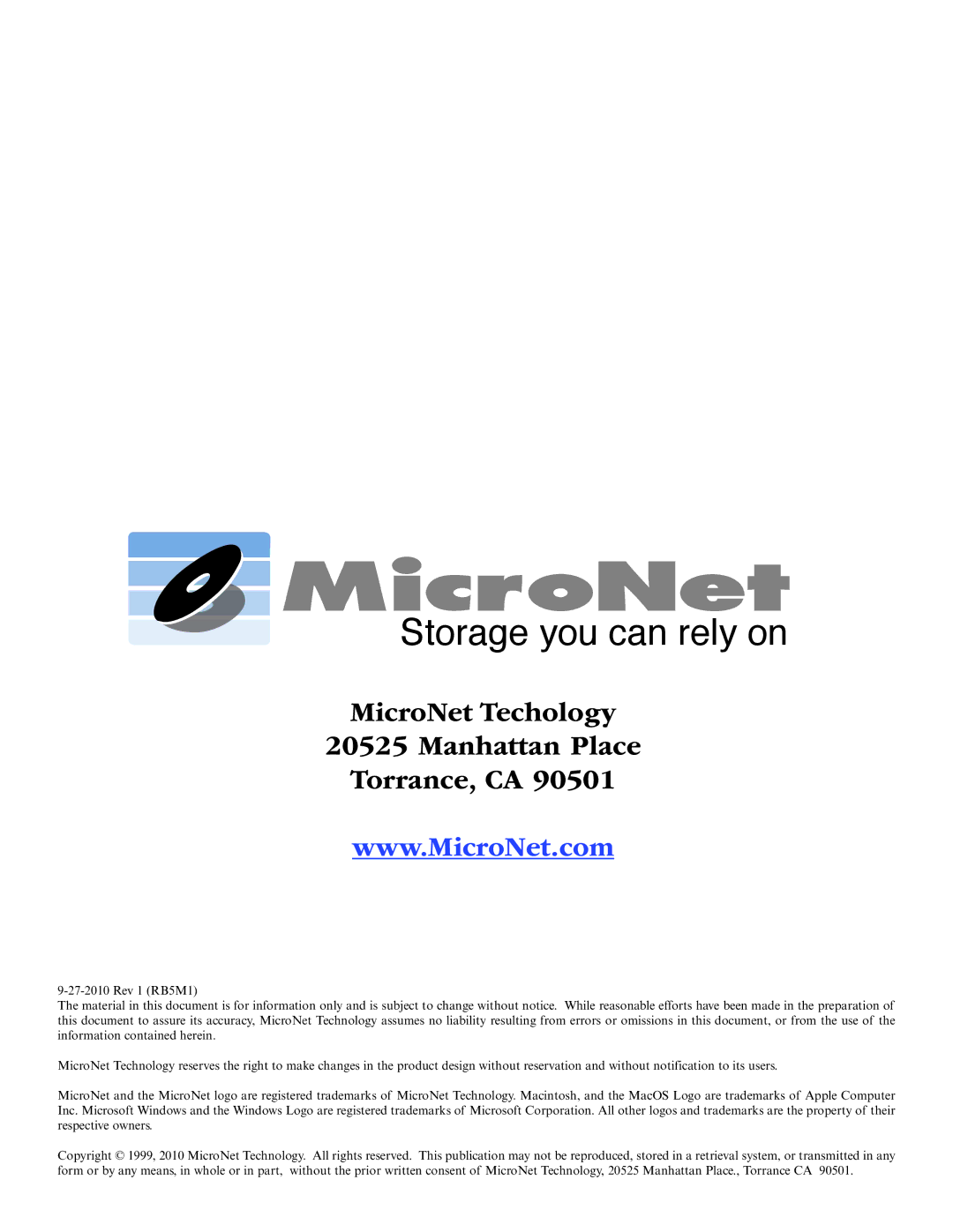 MicroNet Technology 5 manual MicroNet Techology Manhattan Place Torrance, CA 