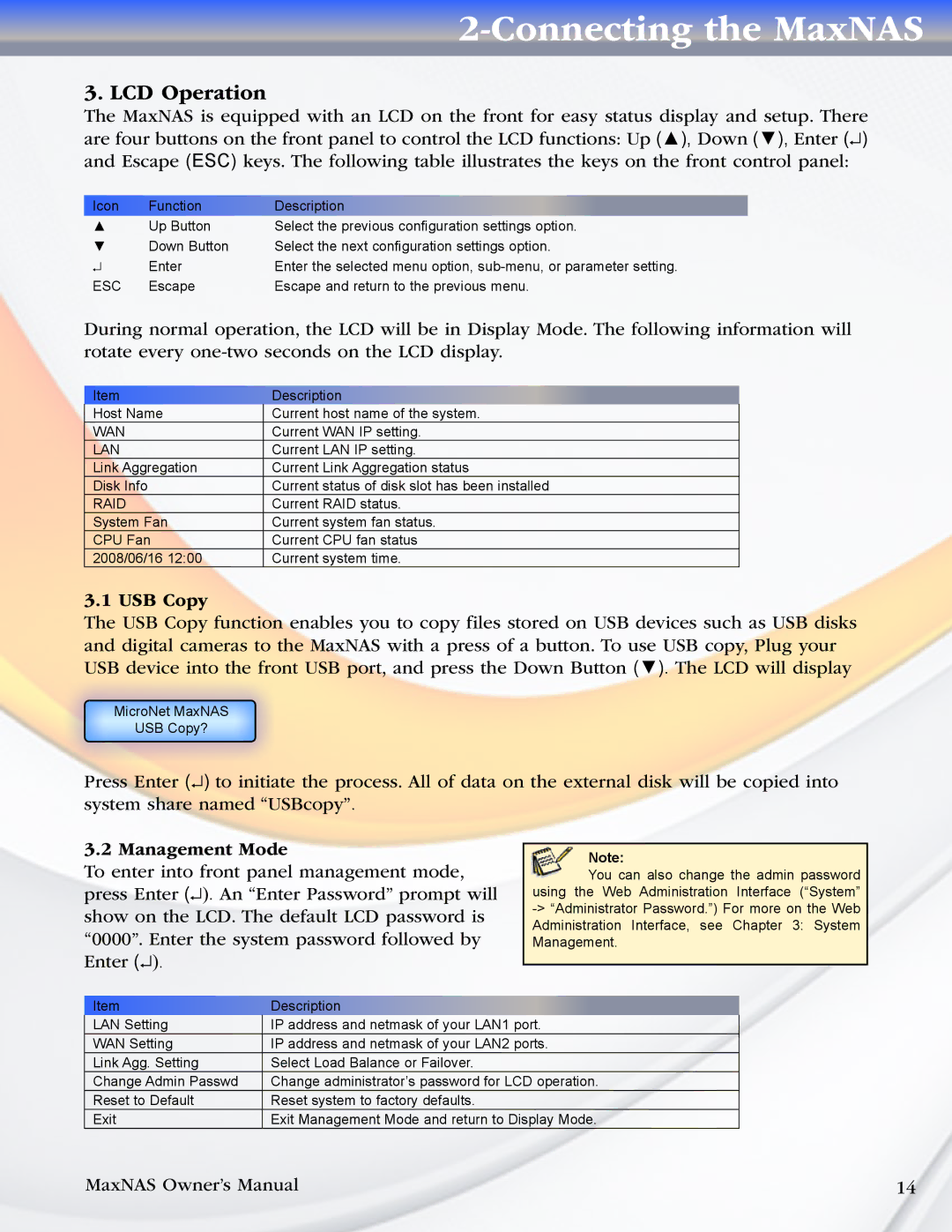 MicroNet Technology MaxNAS manual LCD Operation, USB Copy, Management Mode 