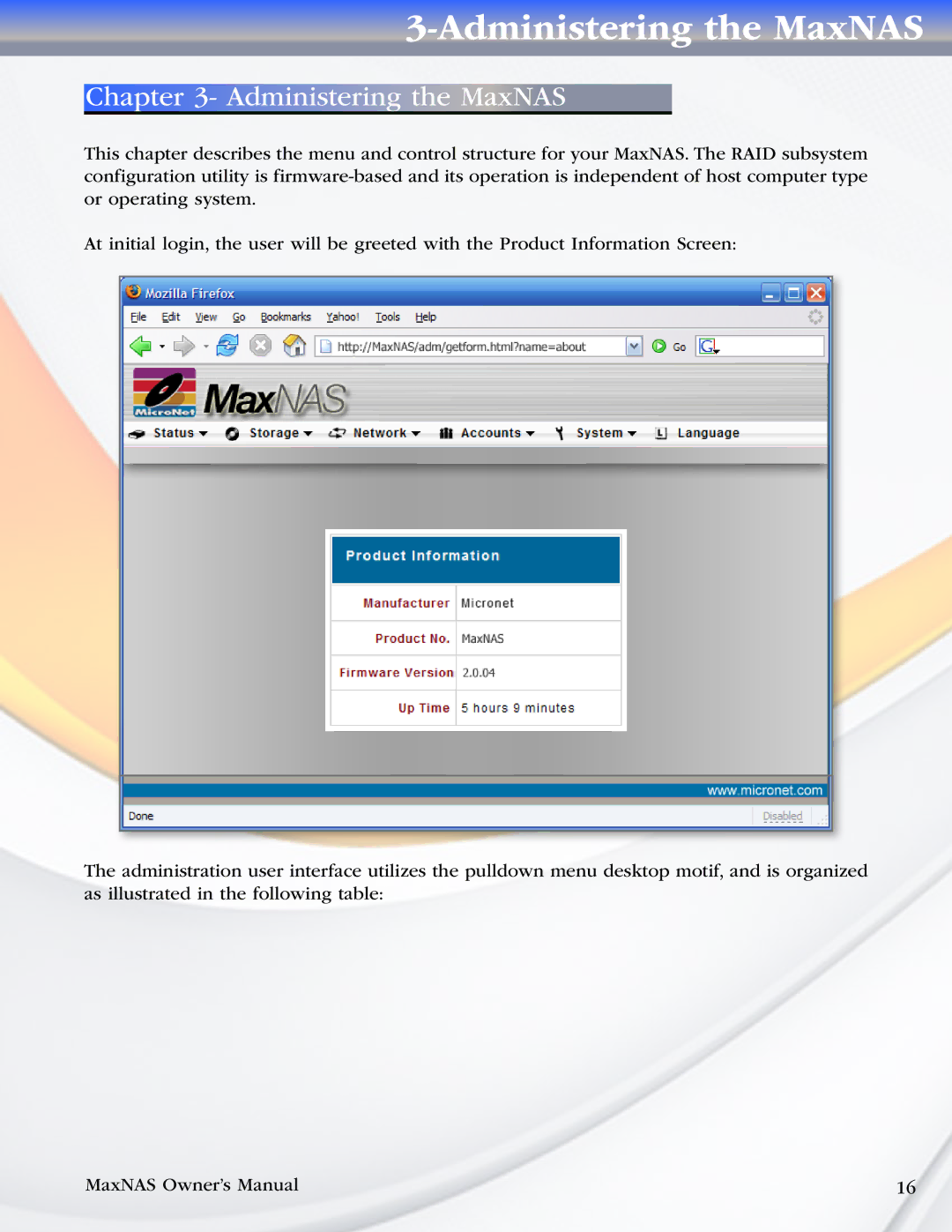 MicroNet Technology manual Administering the MaxNAS 