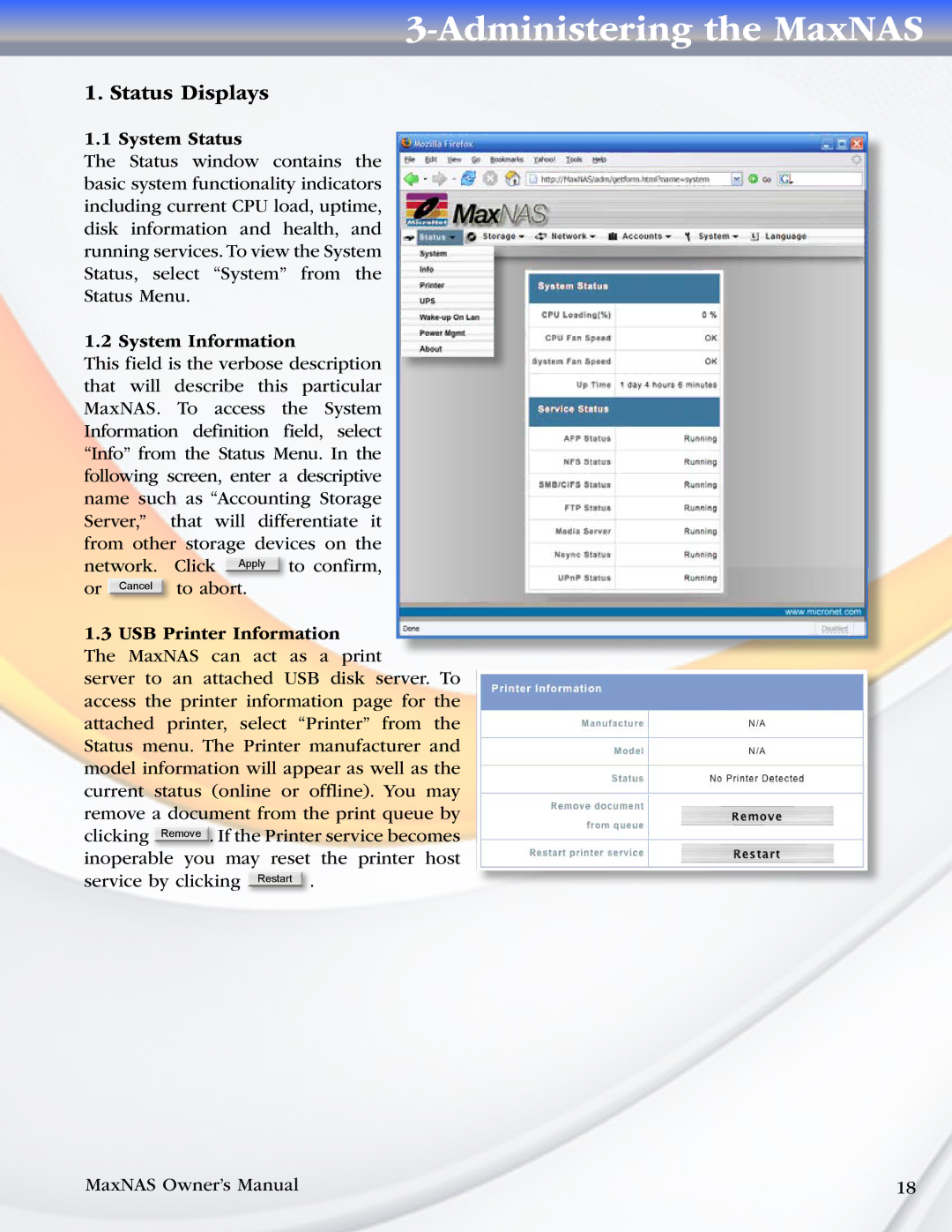 MicroNet Technology MaxNAS manual Status Displays, System Status, System Information 