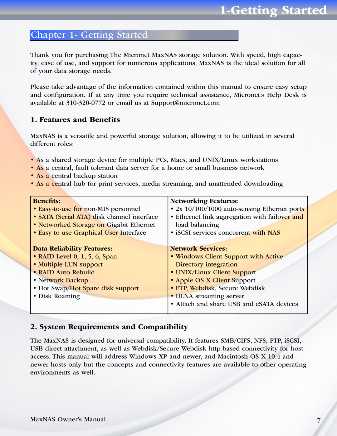 MicroNet Technology MaxNAS manual Getting Started, Features and Benefits, System Requirements and Compatibility 