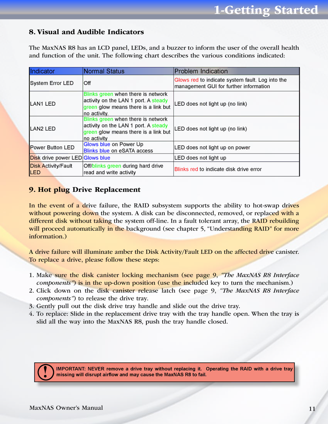 MicroNet Technology R8 manual Visual and Audible Indicators, Hot plug Drive Replacement 