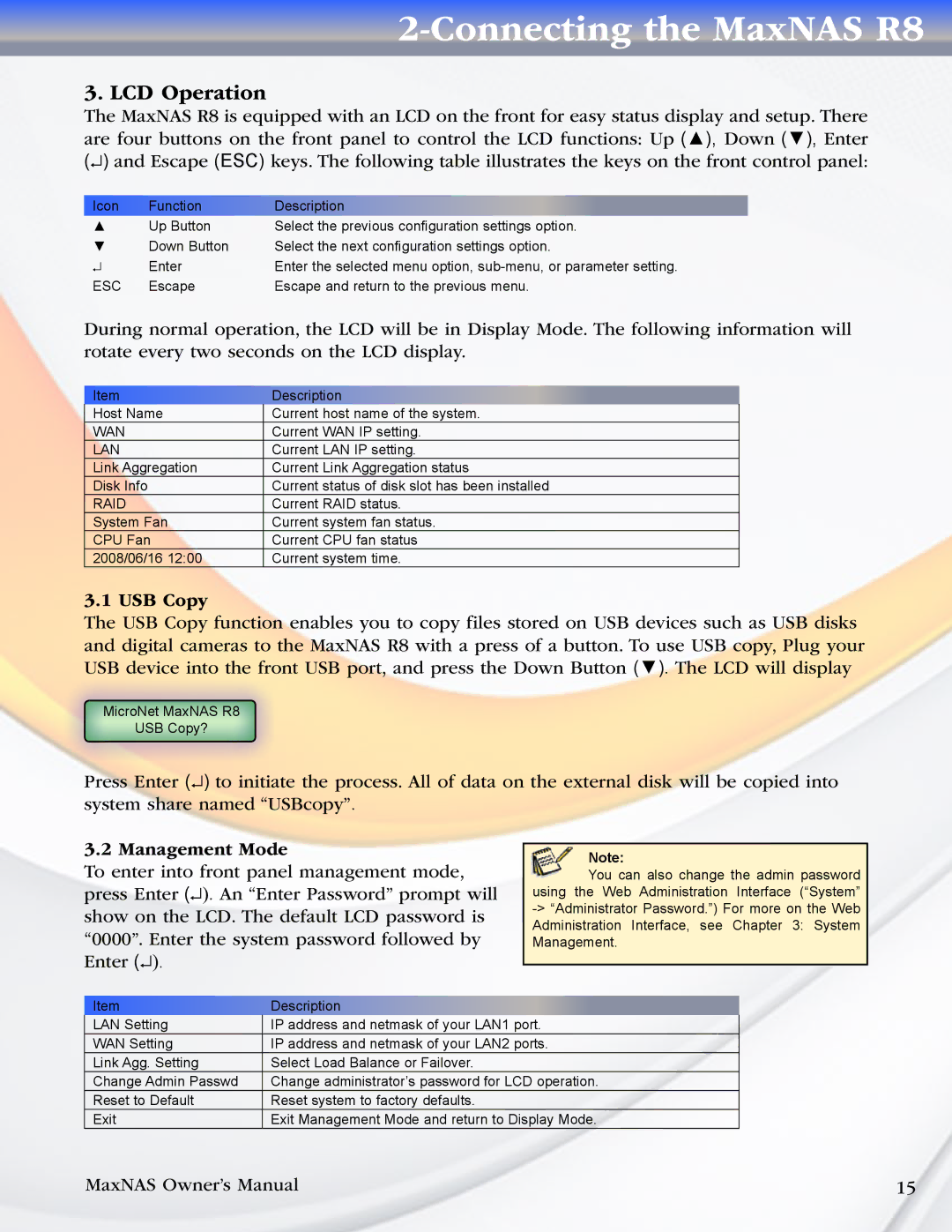 MicroNet Technology R8 manual LCD Operation, USB Copy, Management Mode 