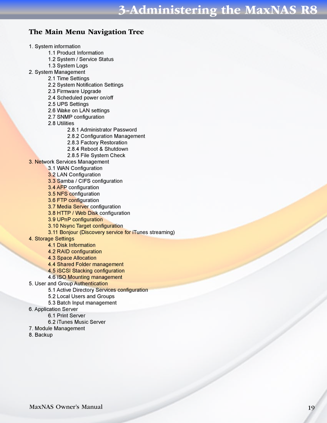 MicroNet Technology R8 manual Main Menu Navigation Tree 