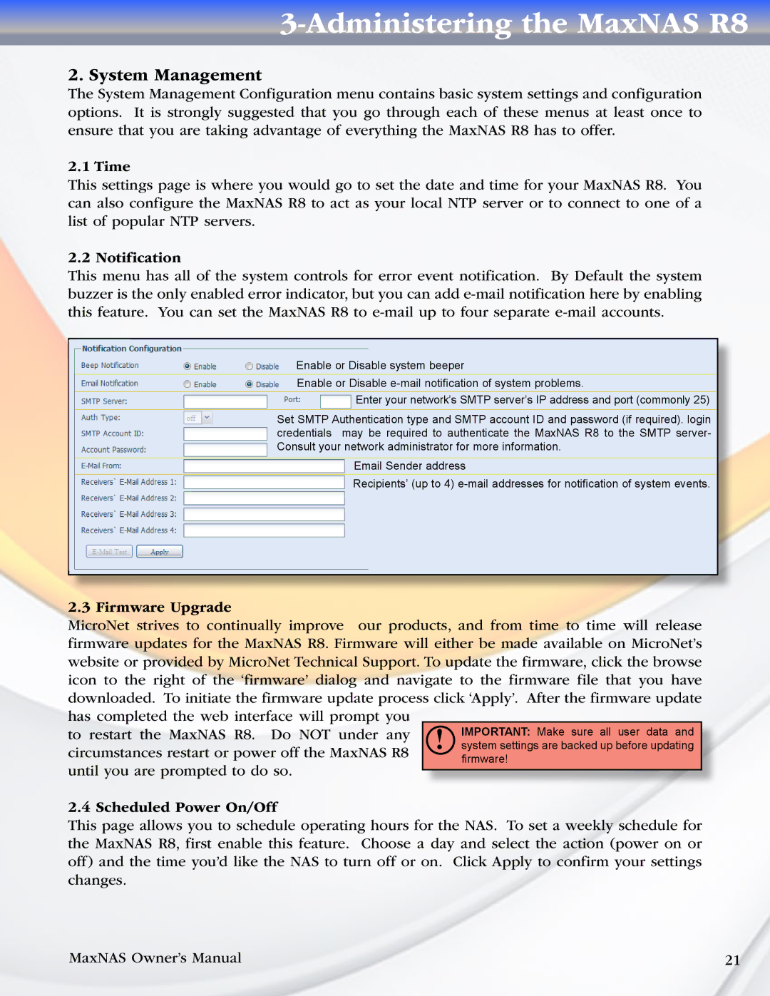 MicroNet Technology R8 manual System Management, Time, Notification, Firmware Upgrade, Scheduled Power On/Off 