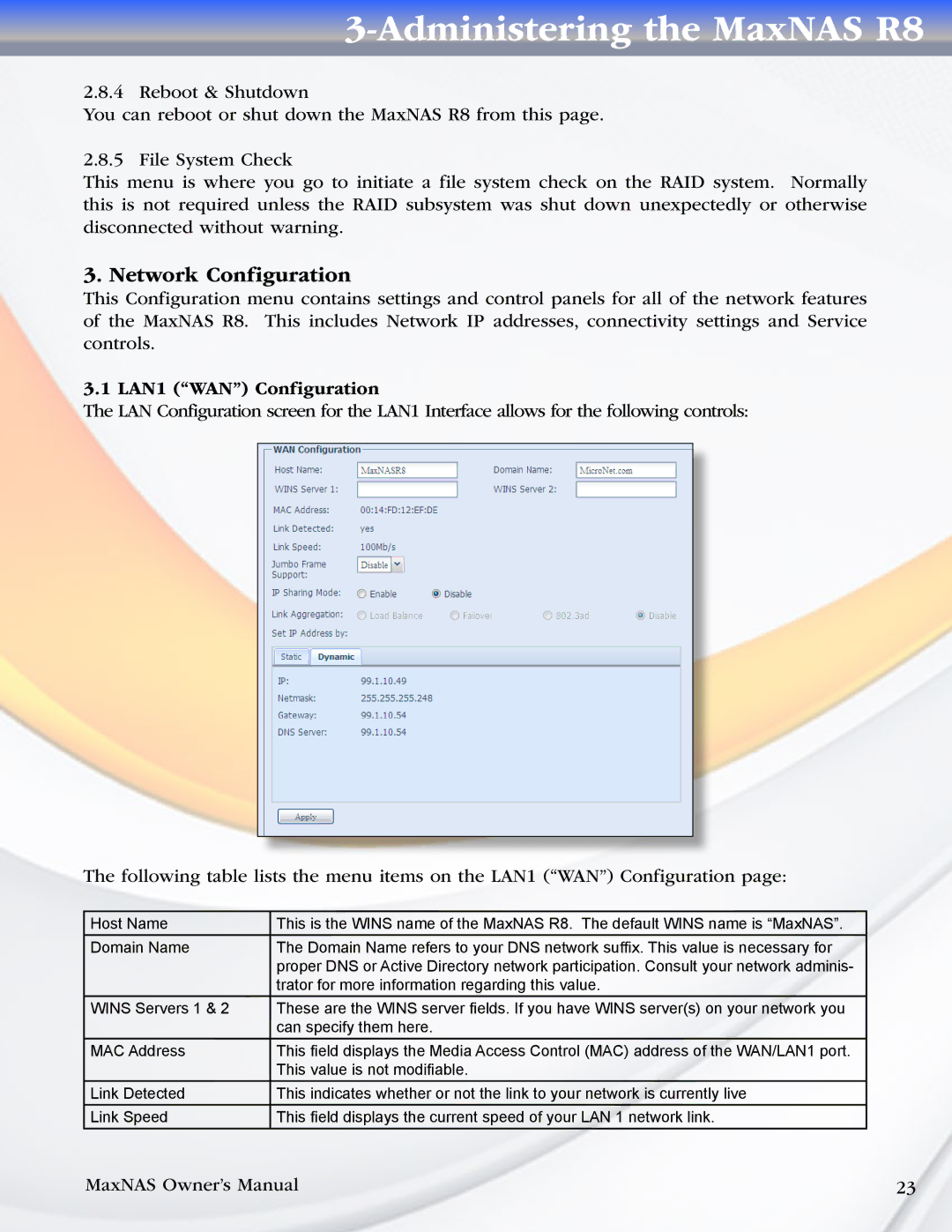 MicroNet Technology R8 manual Network Configuration, LAN1 WAN Configuration 