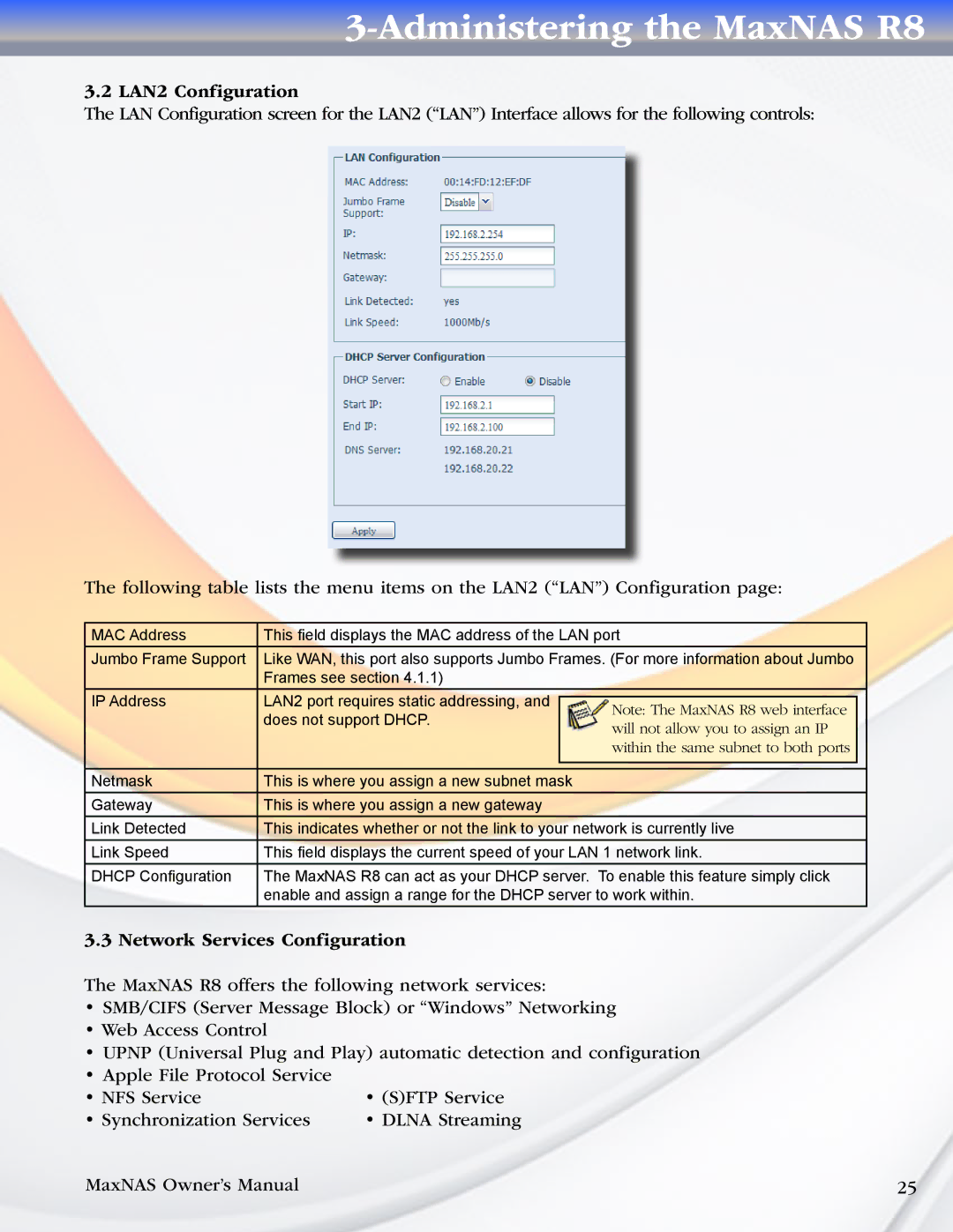 MicroNet Technology R8 manual LAN2 Configuration, Network Services Configuration 