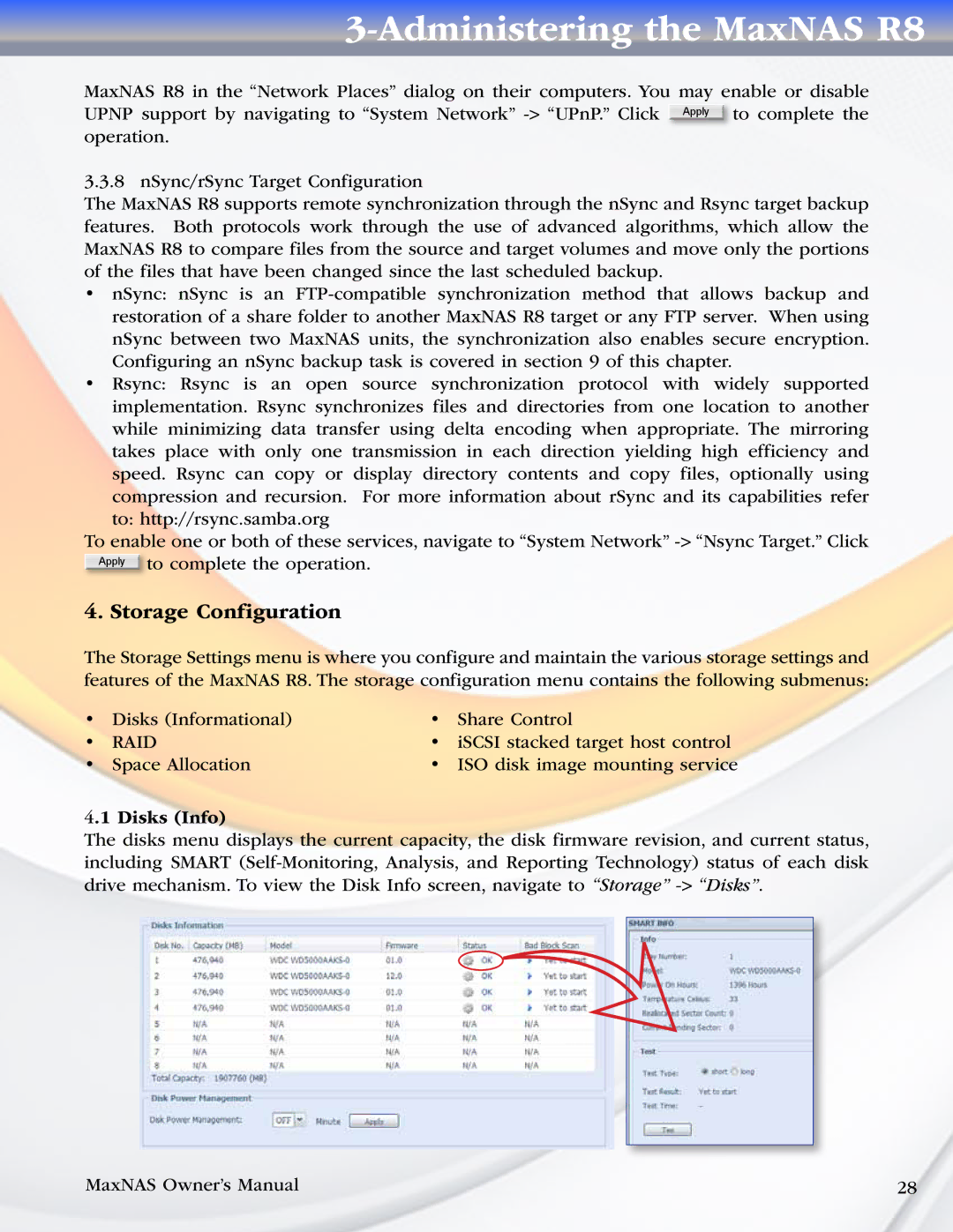 MicroNet Technology R8 manual Storage Configuration, Disks Info 