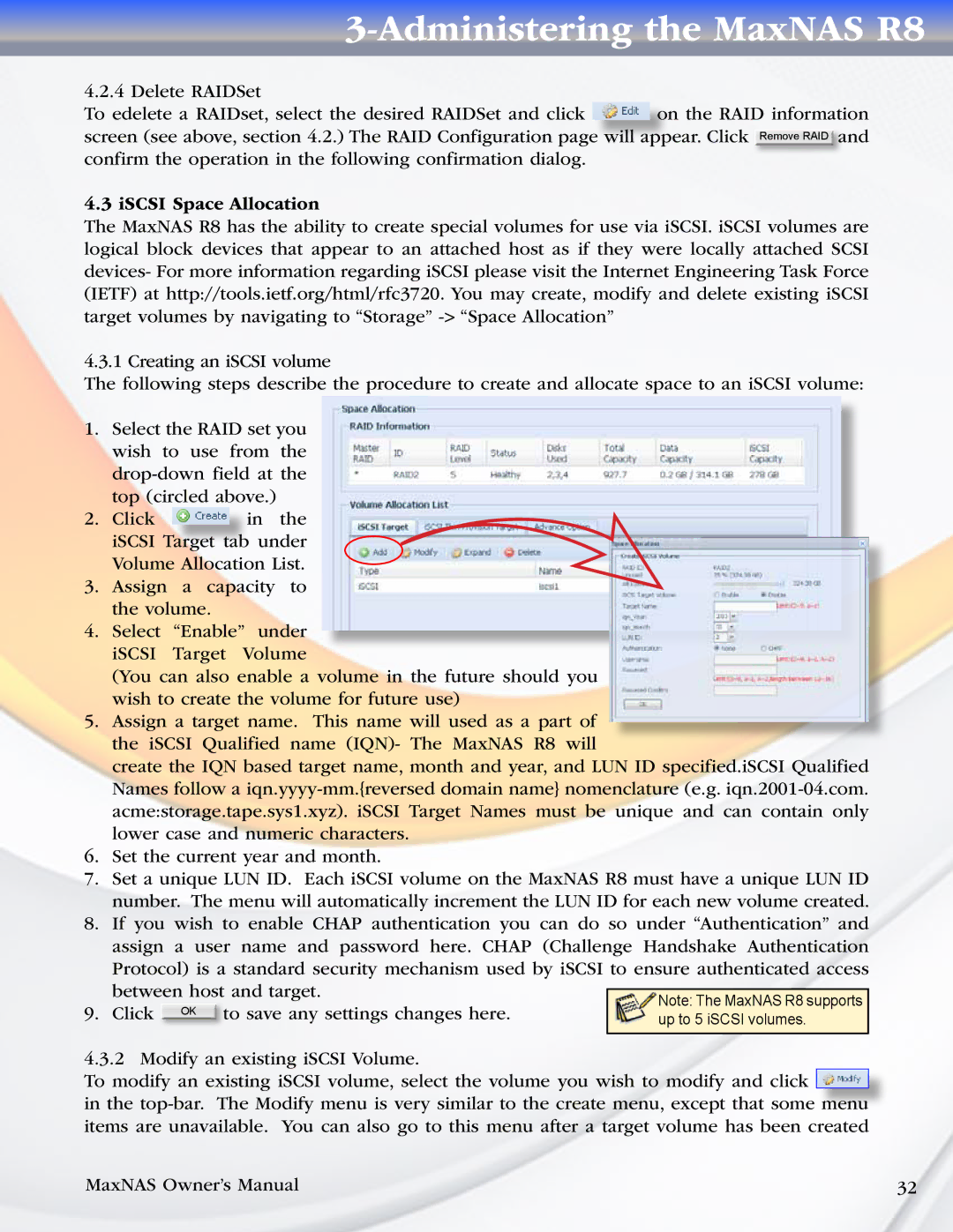 MicroNet Technology R8 manual ISCSI Space Allocation 