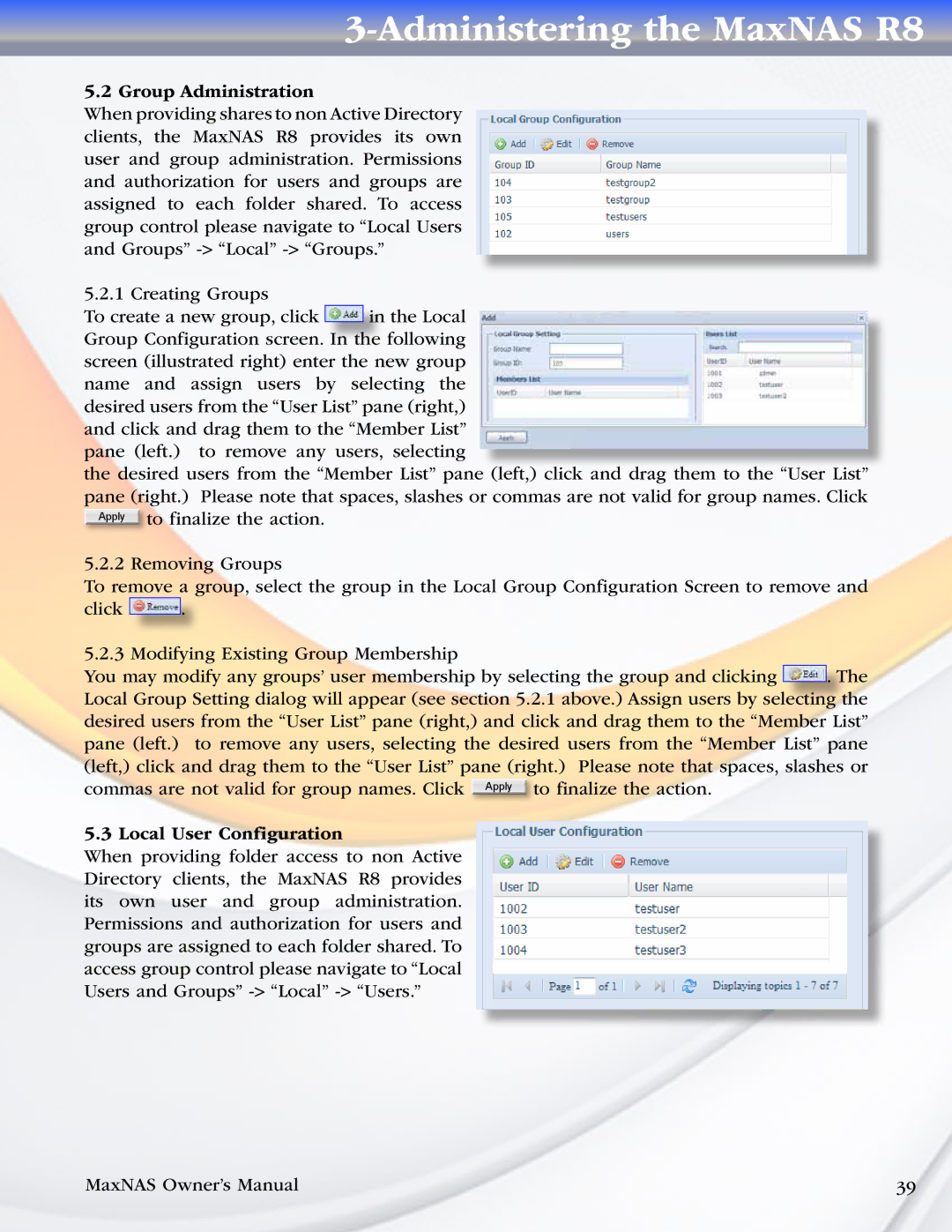 MicroNet Technology R8 manual Group Administration, Local User Configuration 