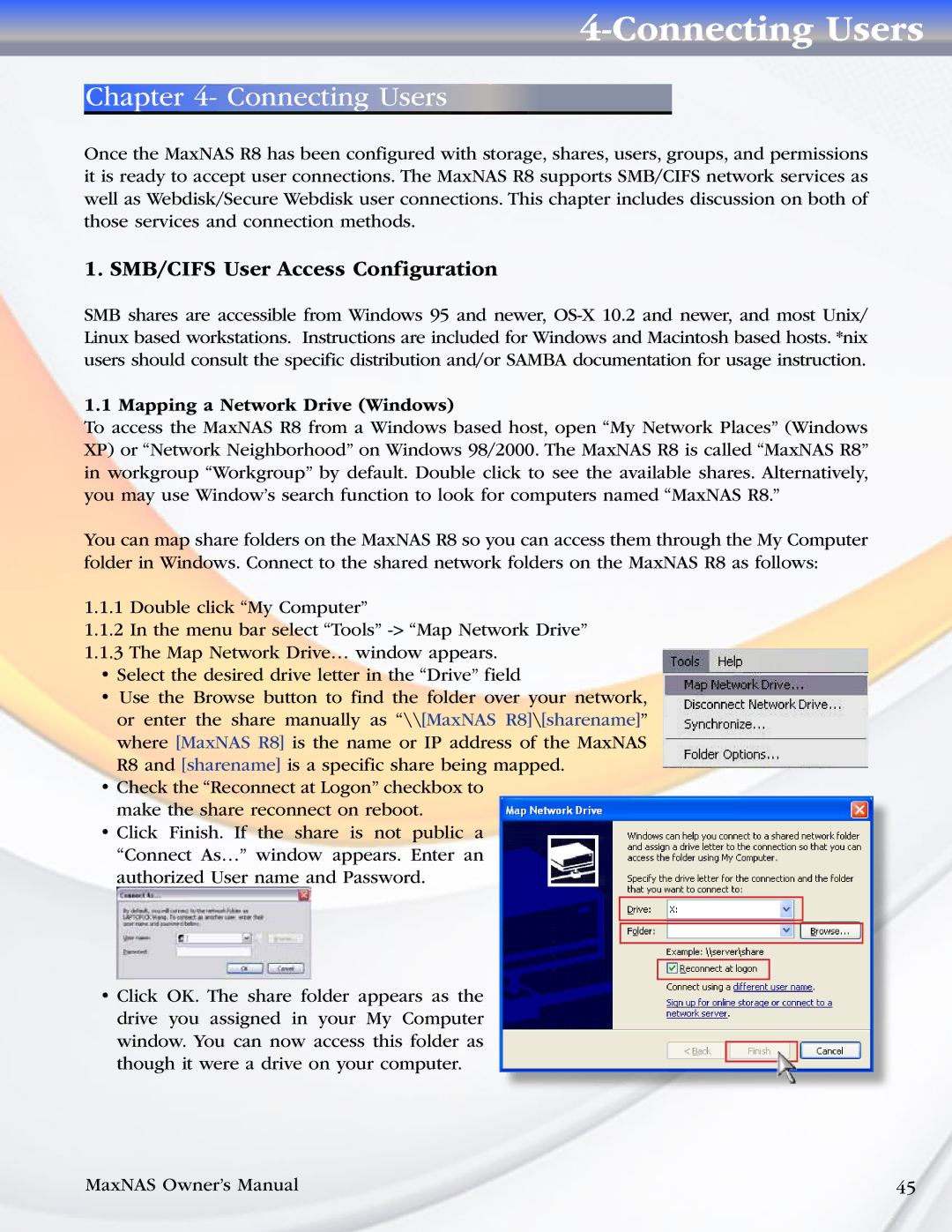 MicroNet Technology R8 manual Connecting Users, SMB/CIFS User Access Configuration, Mapping a Network Drive Windows 