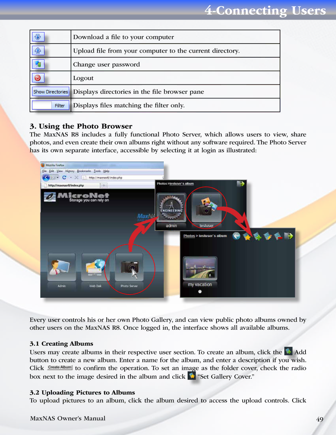 MicroNet Technology R8 manual Using the Photo Browser, Creating Albums, Uploading Pictures to Albums 